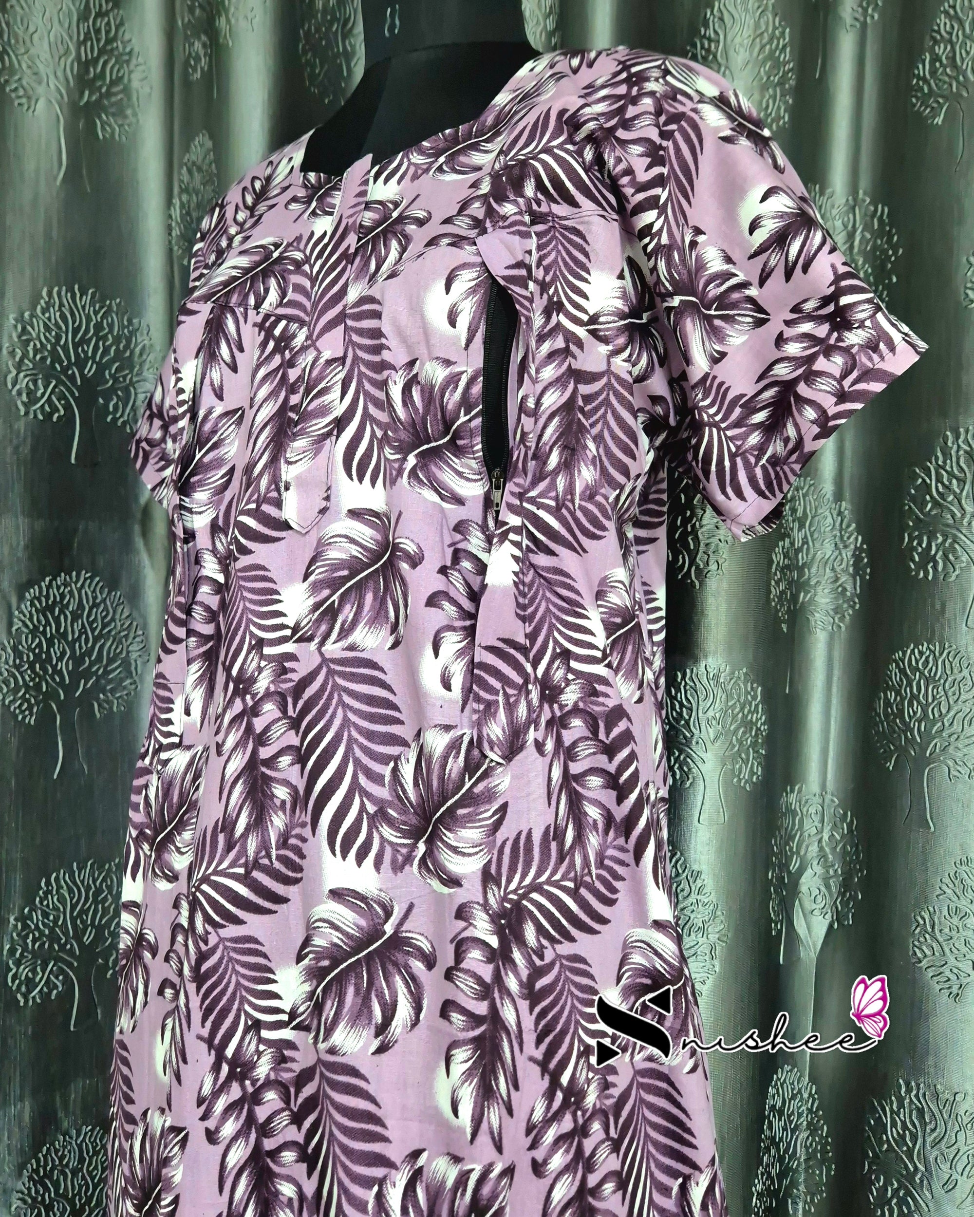 Leaf Printed Violet Cotton Feeding Nighty