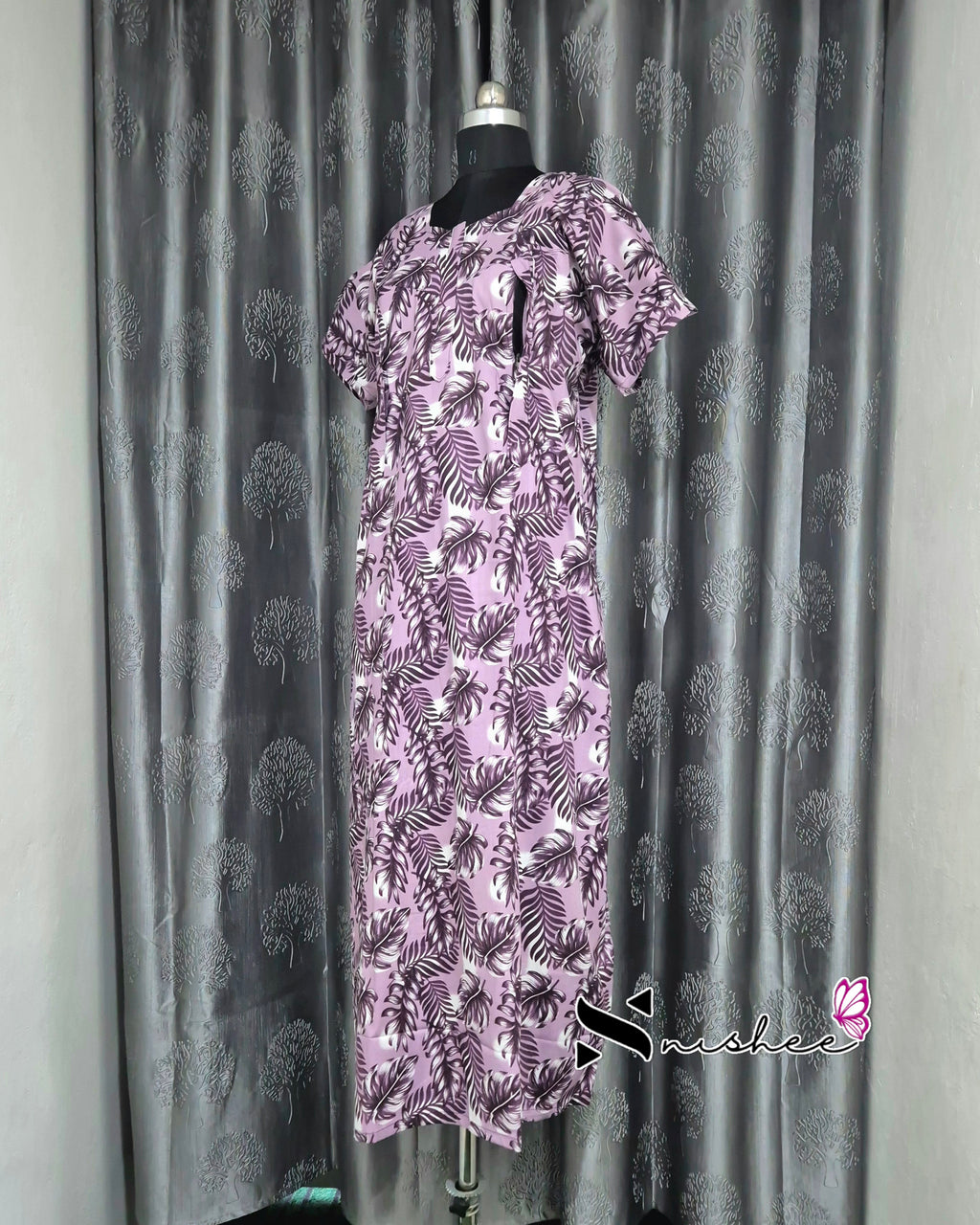 Leaf Printed Violet Cotton Feeding Nighty