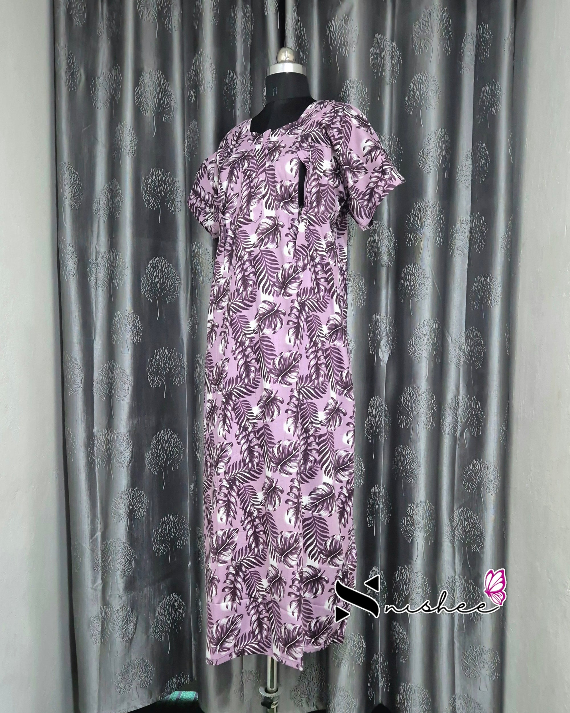 Leaf Printed Violet Cotton Feeding Nighty
