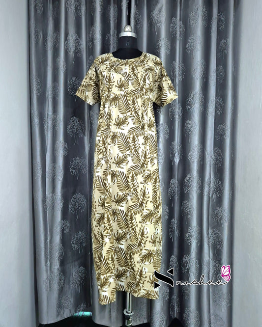 Leaf Printed Light Green Cotton Feeding Nighty