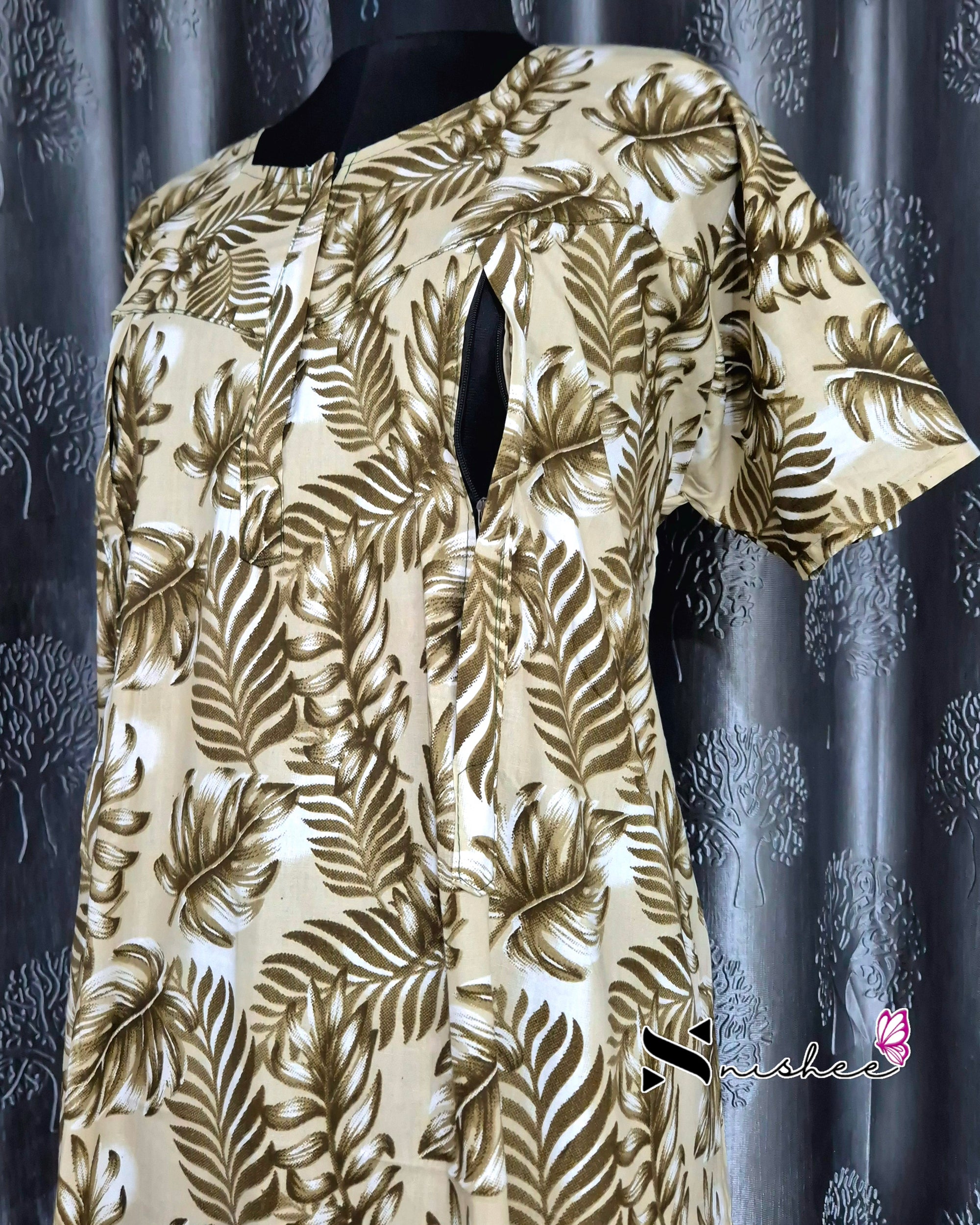 Leaf Printed Light Green Cotton Feeding Nighty