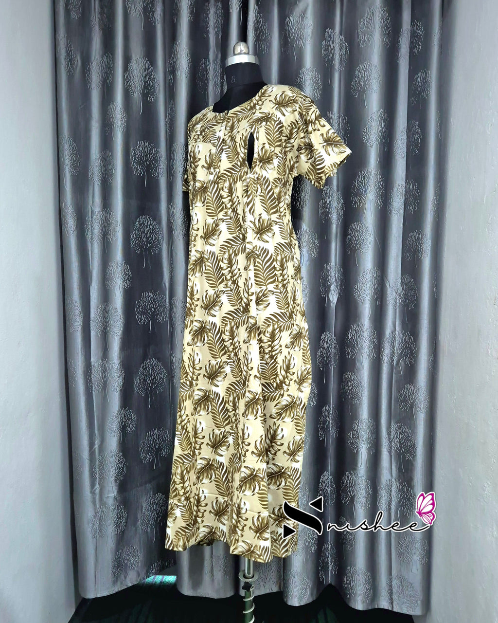 Leaf Printed Light Green Cotton Feeding Nighty