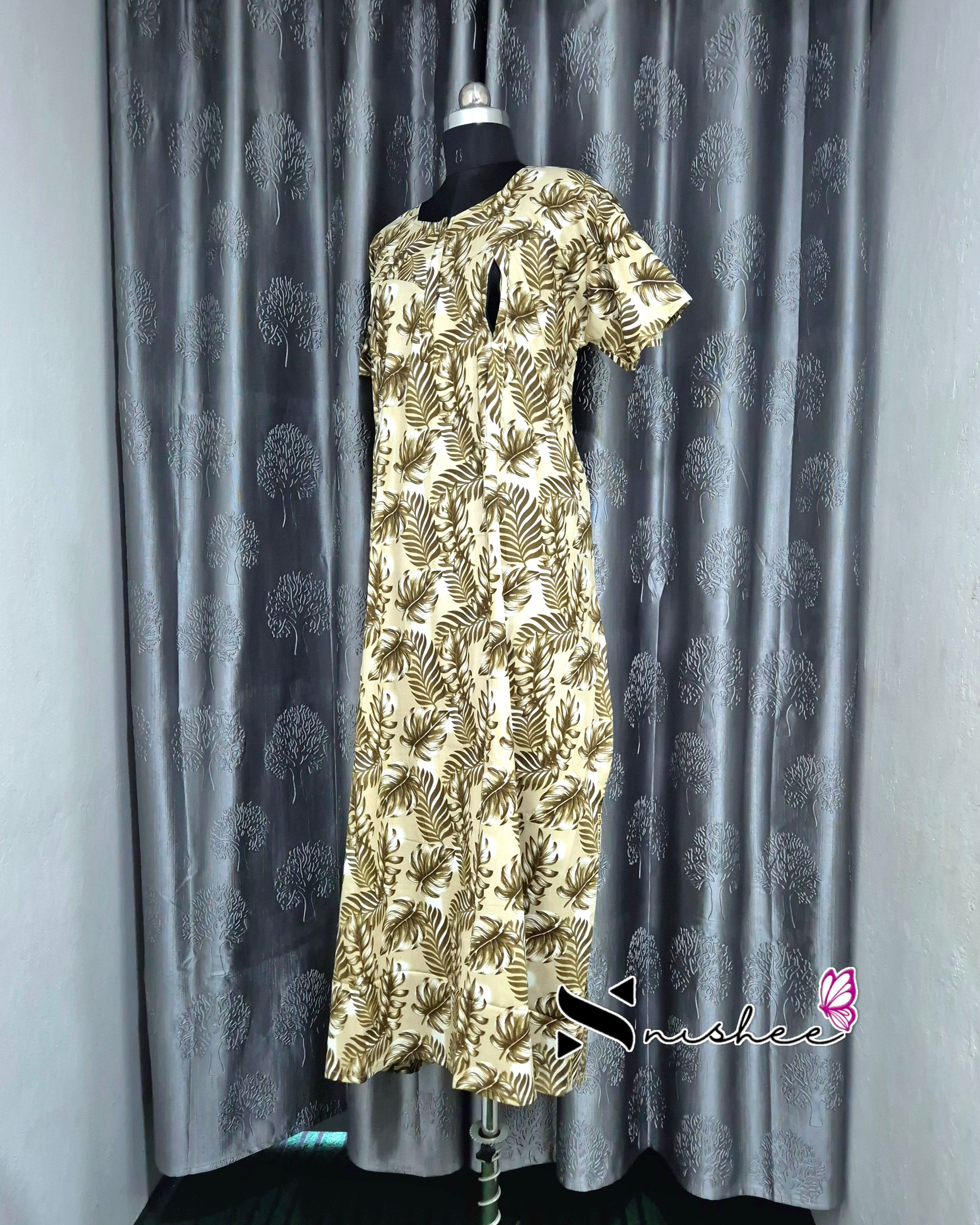 Leaf Printed Light Green Cotton Feeding Nighty