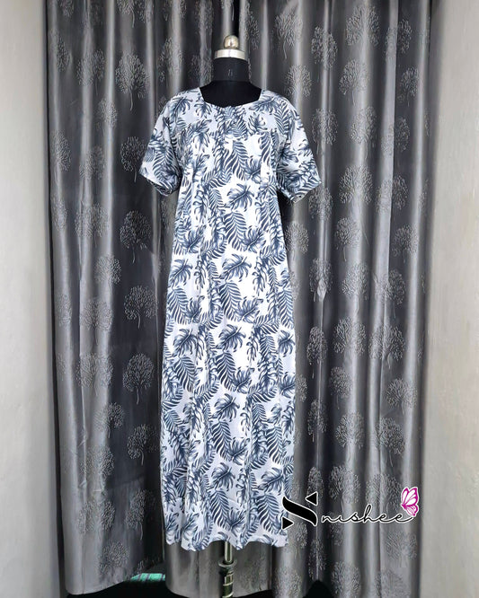 Leaf Printed Blue Cotton Feeding Nighty