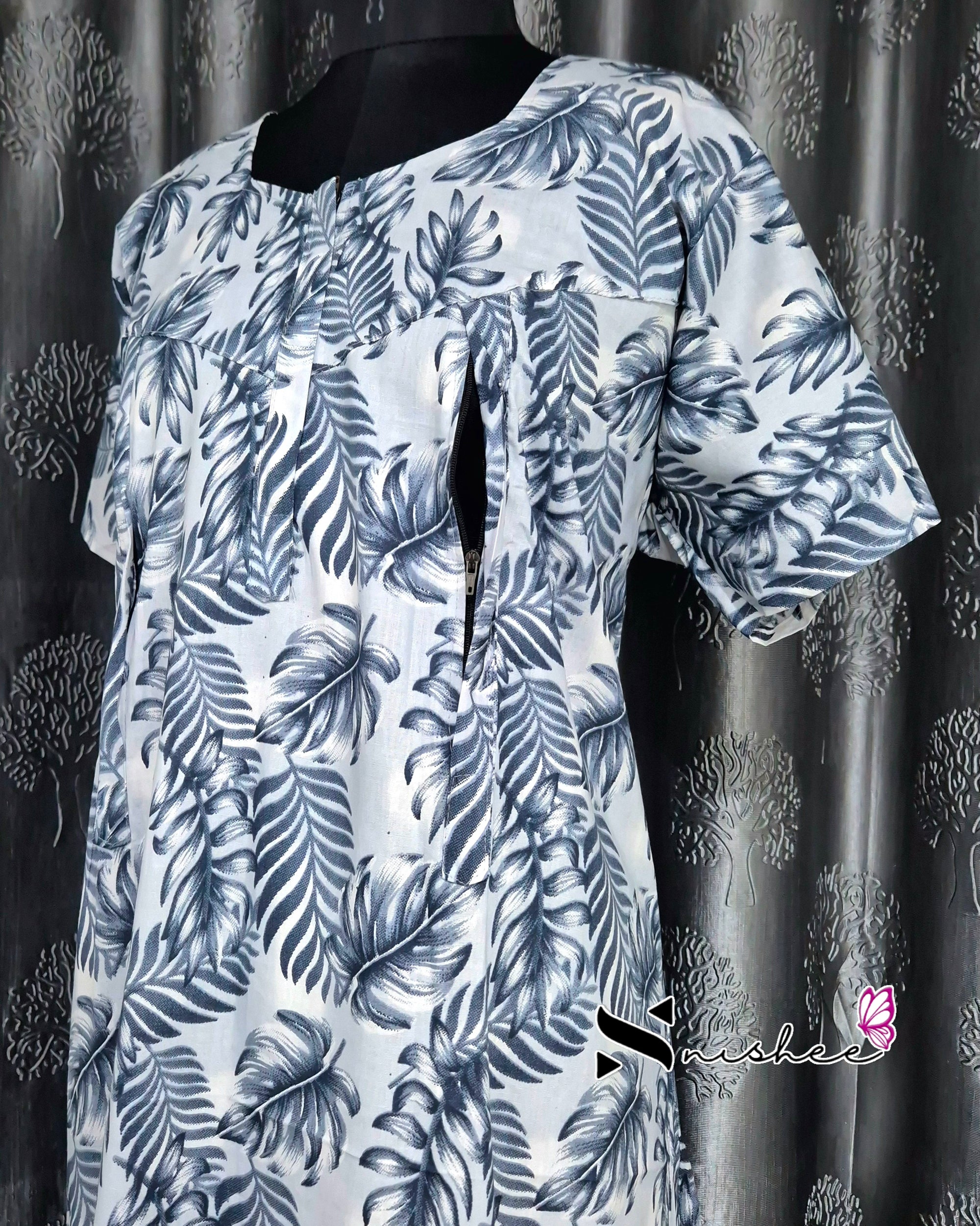 Leaf Printed Blue Cotton Feeding Nighty