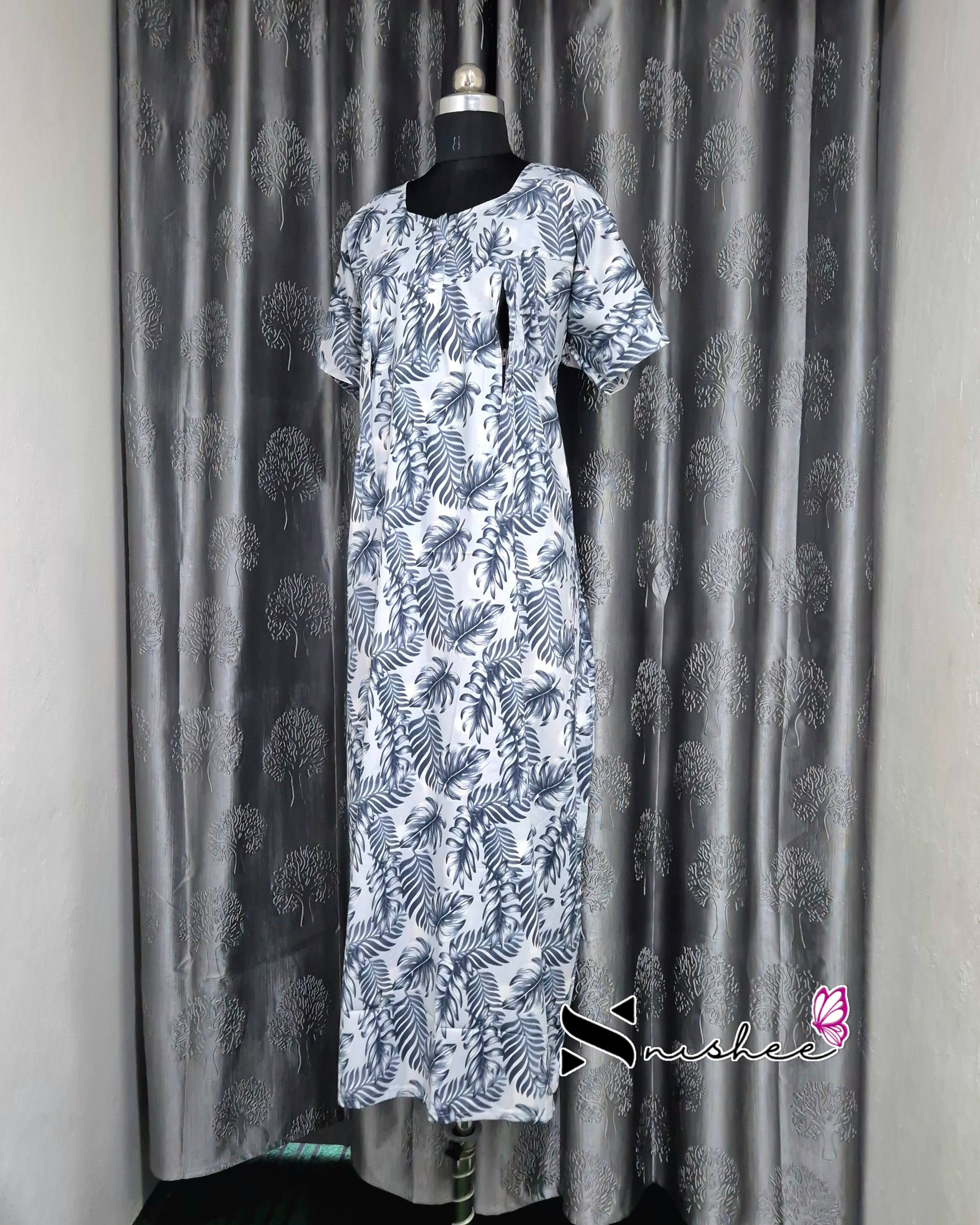 Leaf Printed Blue Cotton Feeding Nighty