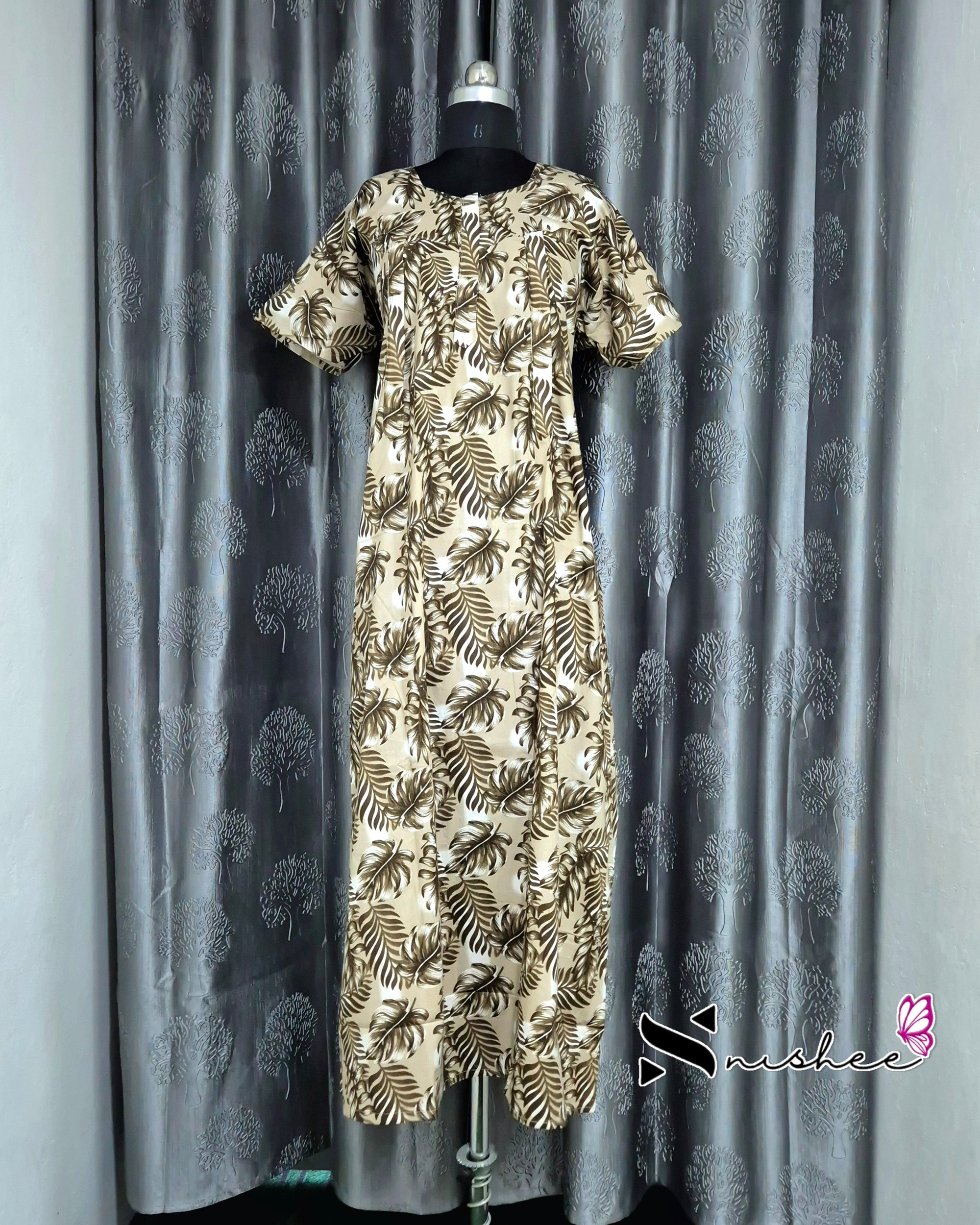 Leaf Printed Olive Green Cotton Feeding Nighty