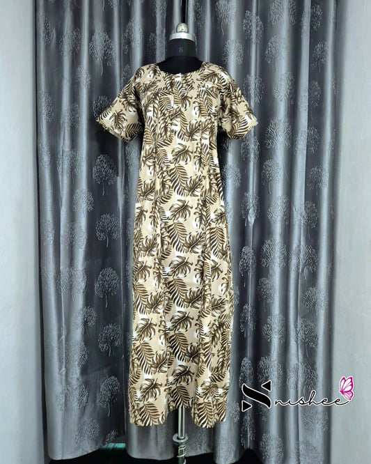 Leaf Printed Olive Green Cotton Feeding Nighty