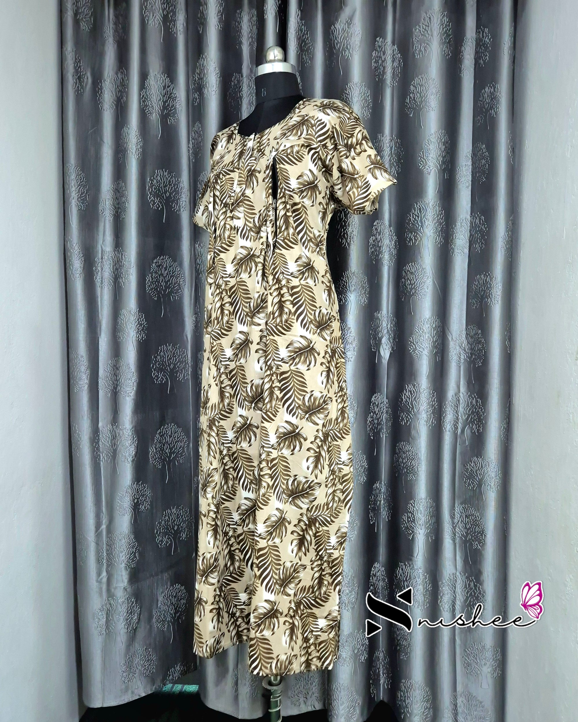 Leaf Printed Olive Green Cotton Feeding Nighty