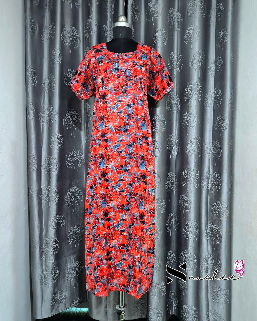 Abstract Printed Red Cotton Feeding Nighty