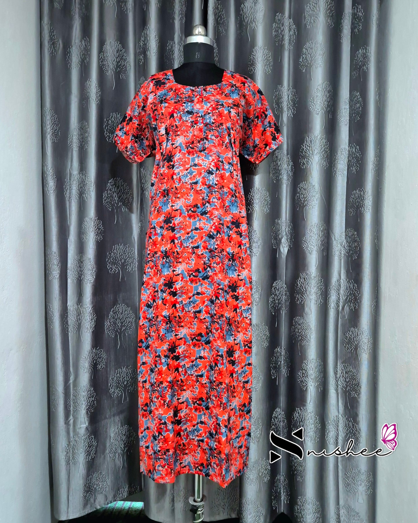 Abstract Printed Red Cotton Feeding Nighty