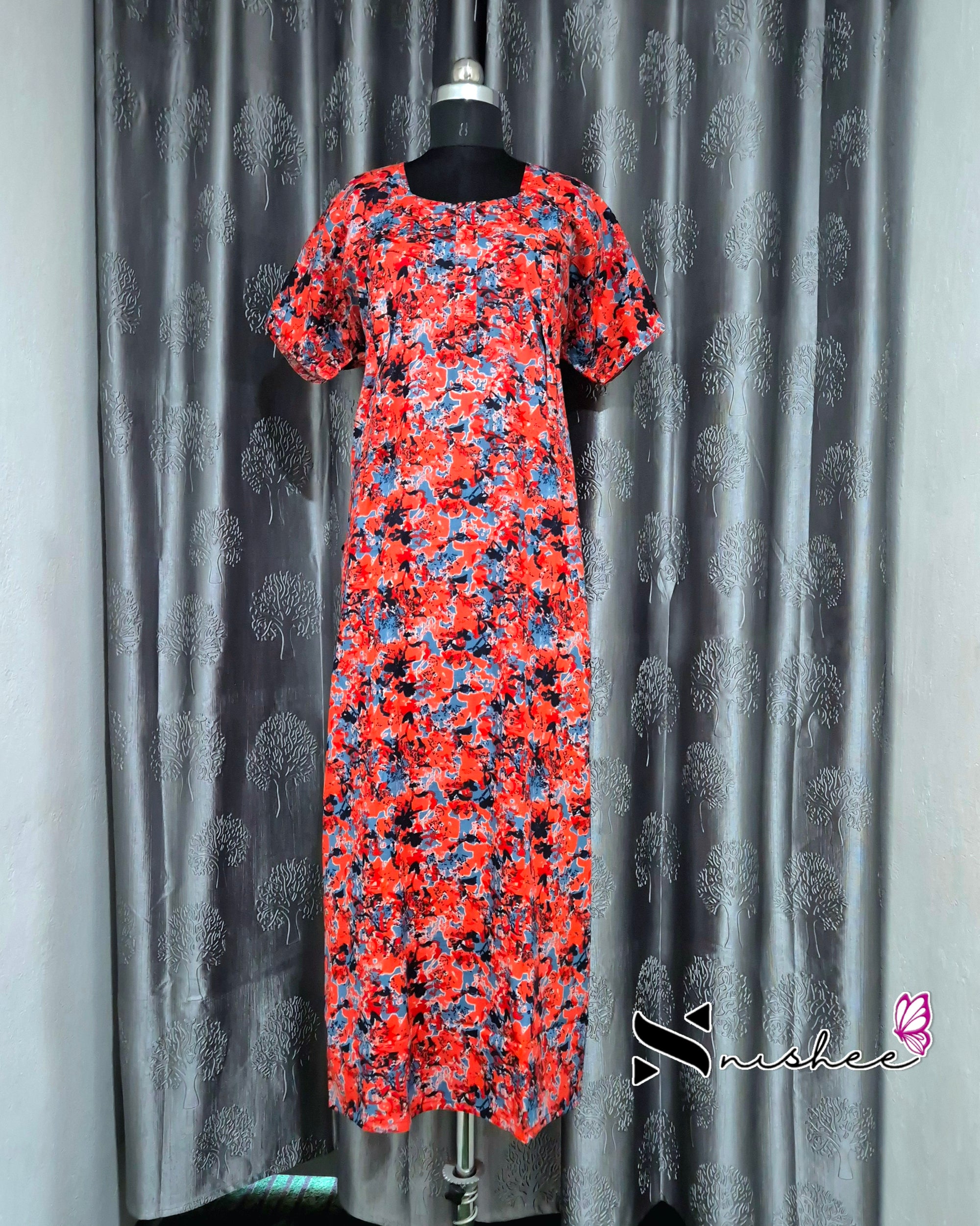 Abstract Printed Red Cotton Feeding Nighty