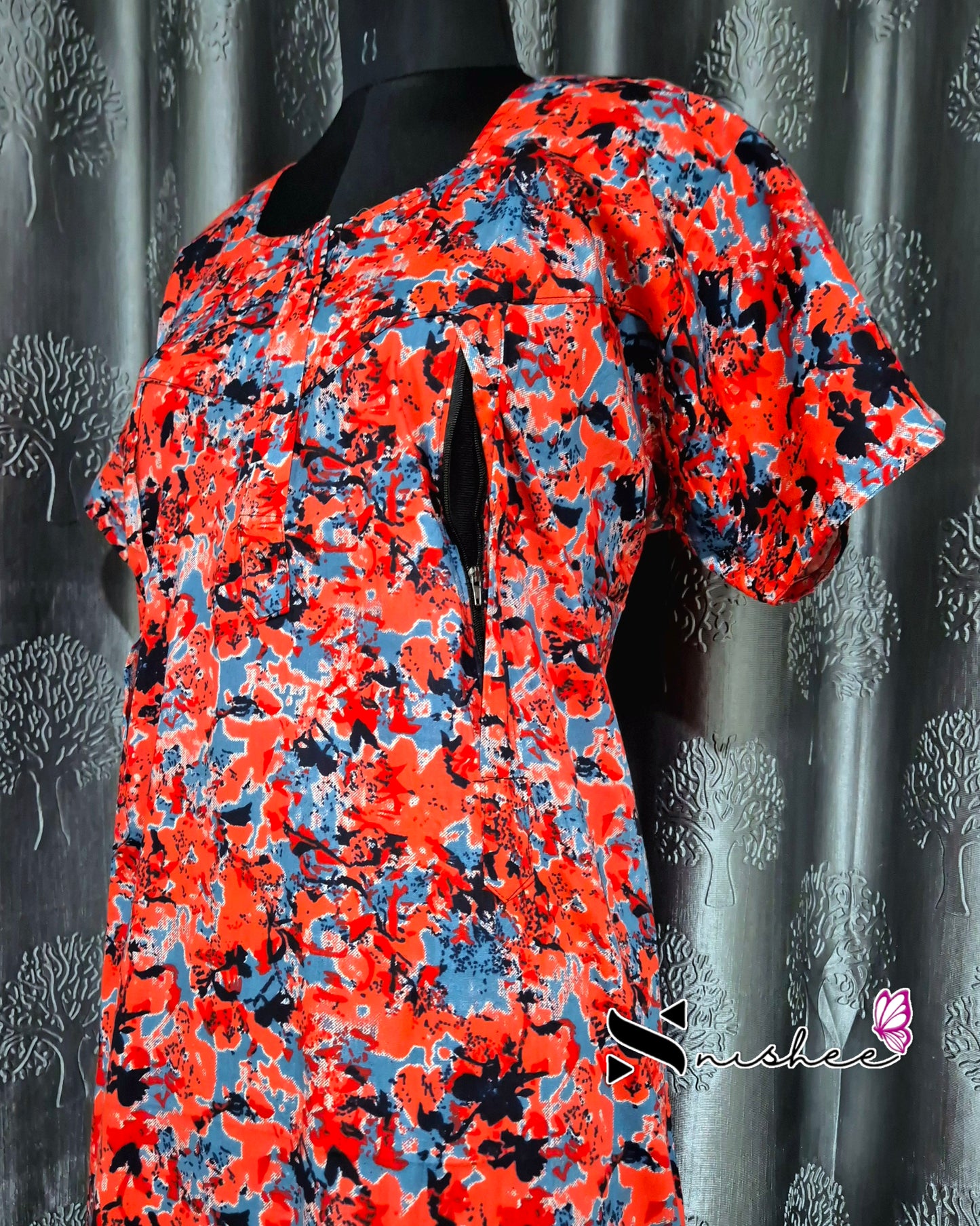 Abstract Printed Red Cotton Feeding Nighty