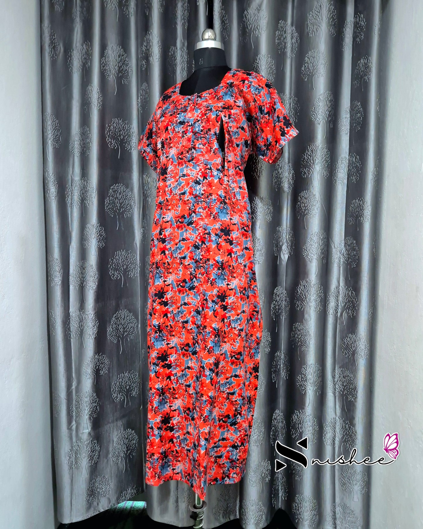 Abstract Printed Red Cotton Feeding Nighty