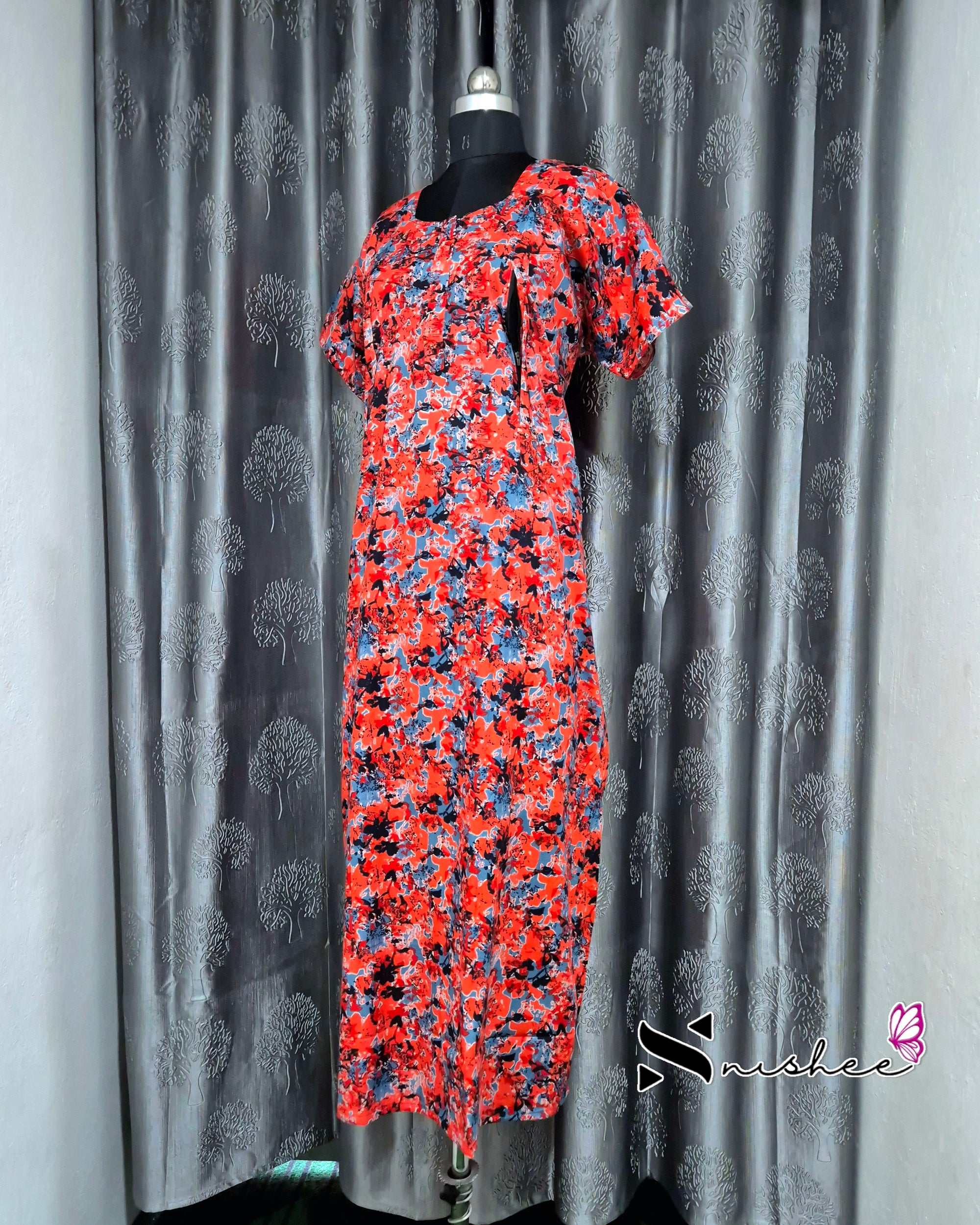 Abstract Printed Red Cotton Feeding Nighty