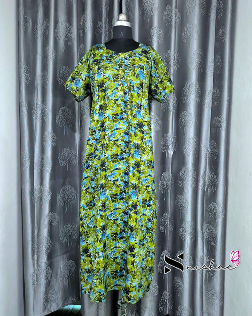 Abstract Printed Green Cotton Feeding Nighty