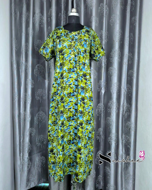Abstract Printed Green Cotton Feeding Nighty