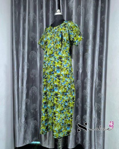 Abstract Printed Green Cotton Feeding Nighty