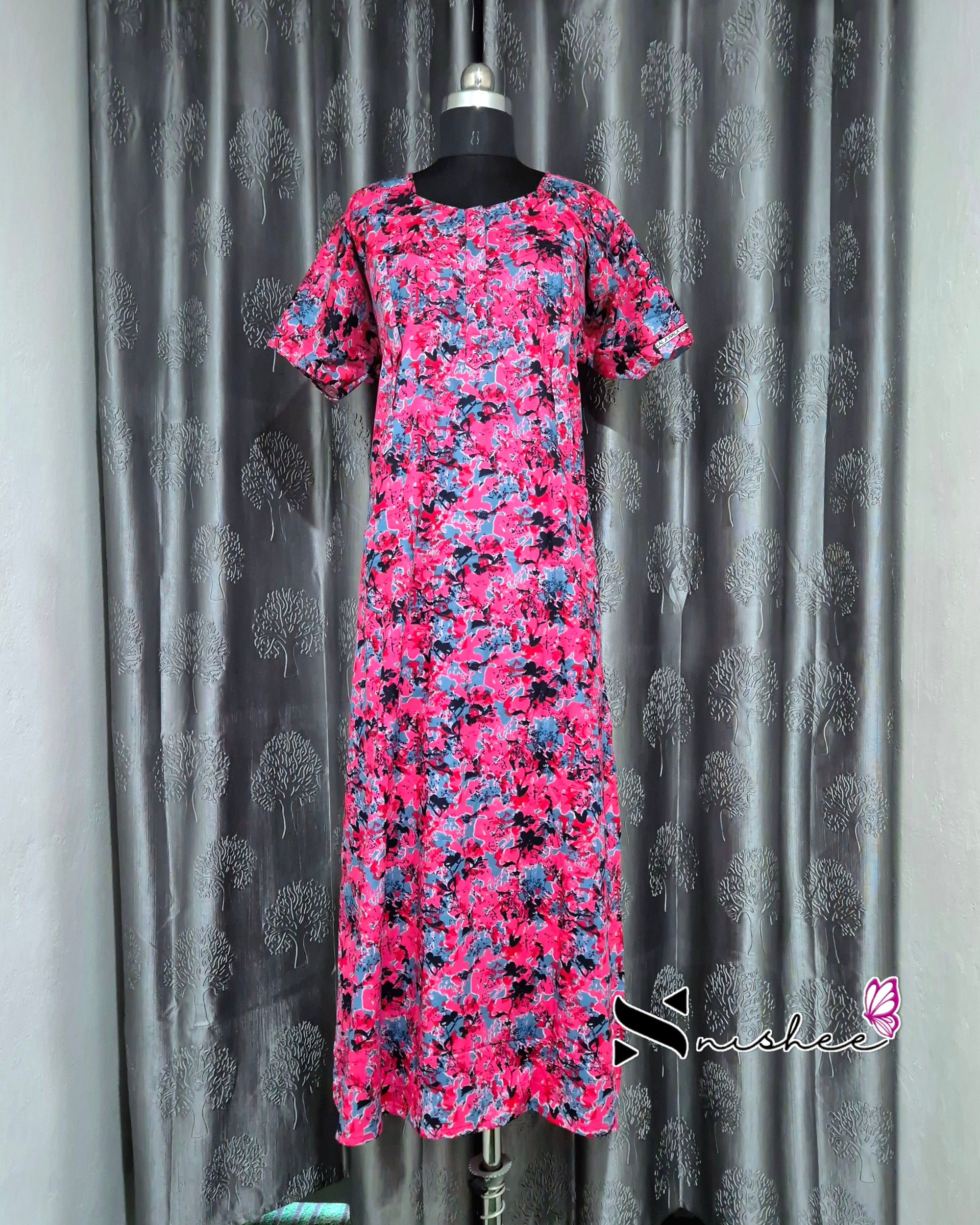 Abstract Printed Pink Cotton Feeding Nighty