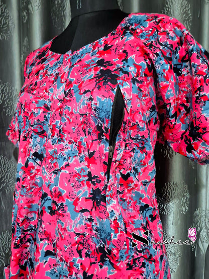 Abstract Printed Pink Cotton Feeding Nighty