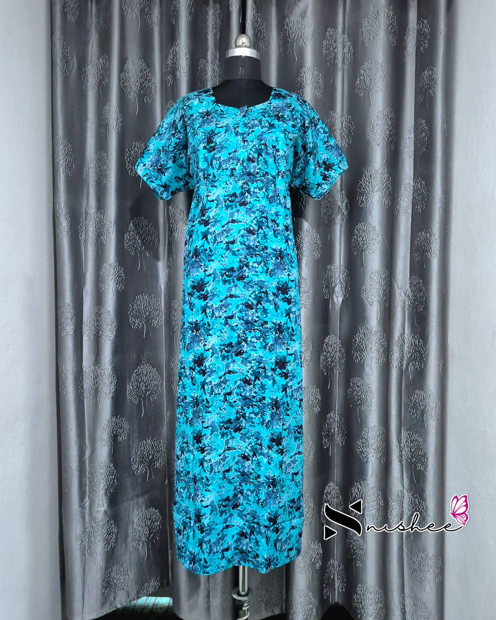 Abstract Printed Blue Cotton Feeding Nighty