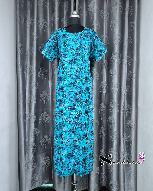Abstract Printed Blue Cotton Feeding Nighty