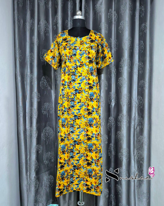 Abstract Printed Yellow Cotton Feeding Nighty