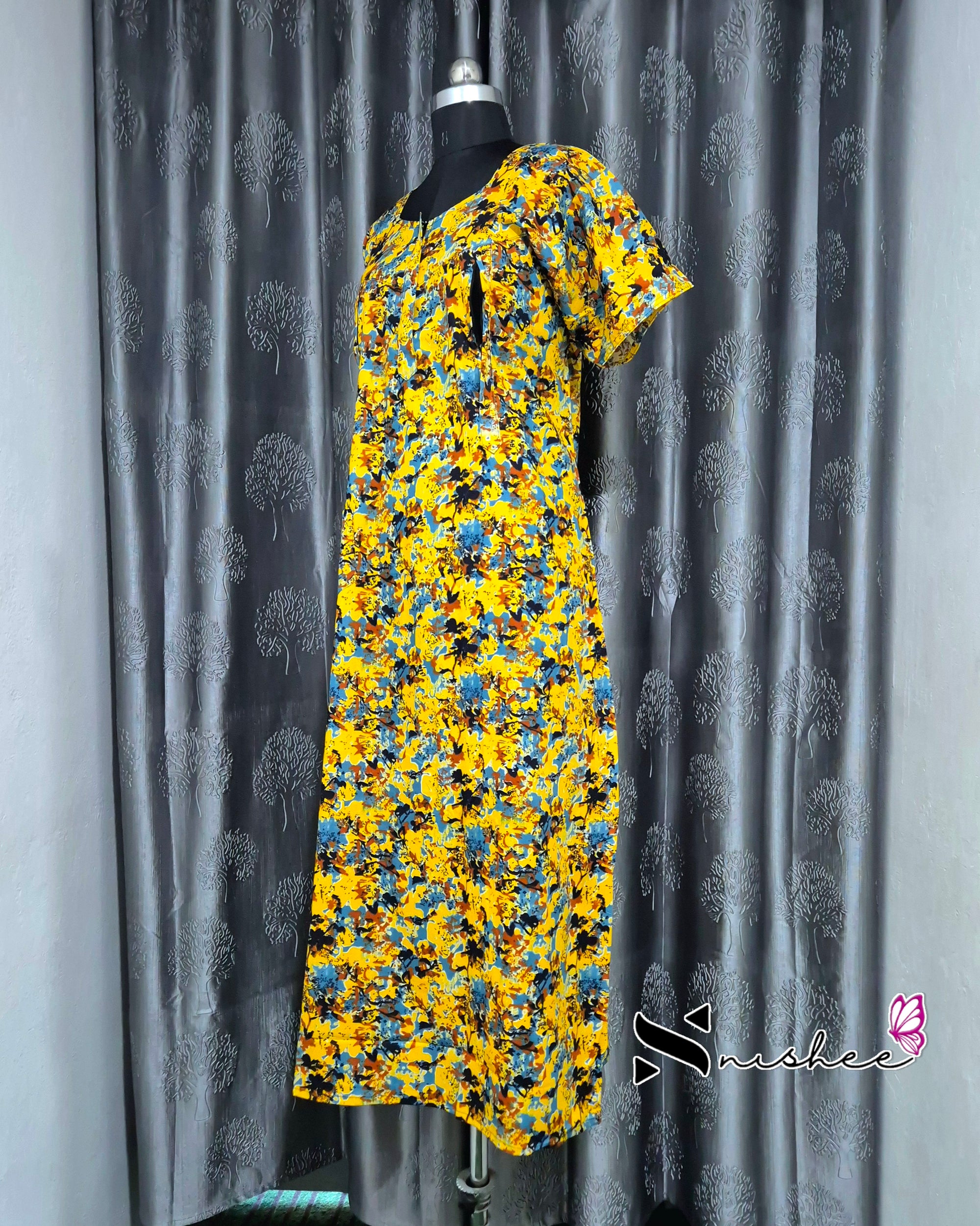 Abstract Printed Yellow Cotton Feeding Nighty