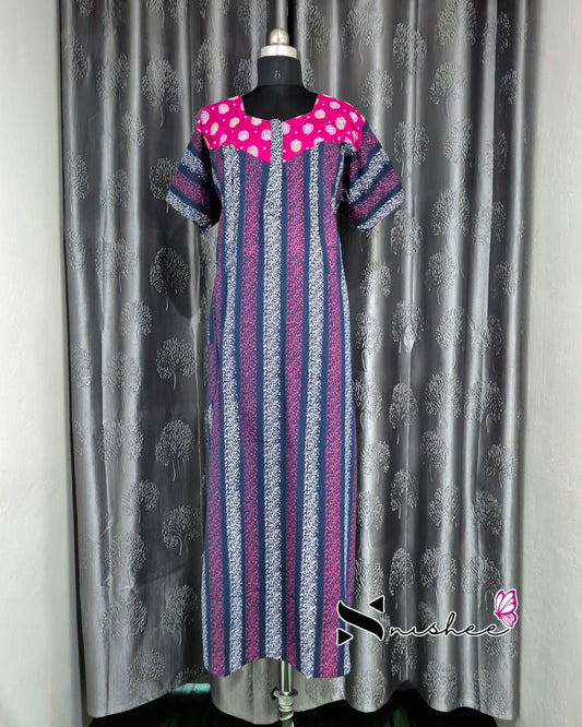 Pink/ Blue Striped Cotton Feeding Nighty