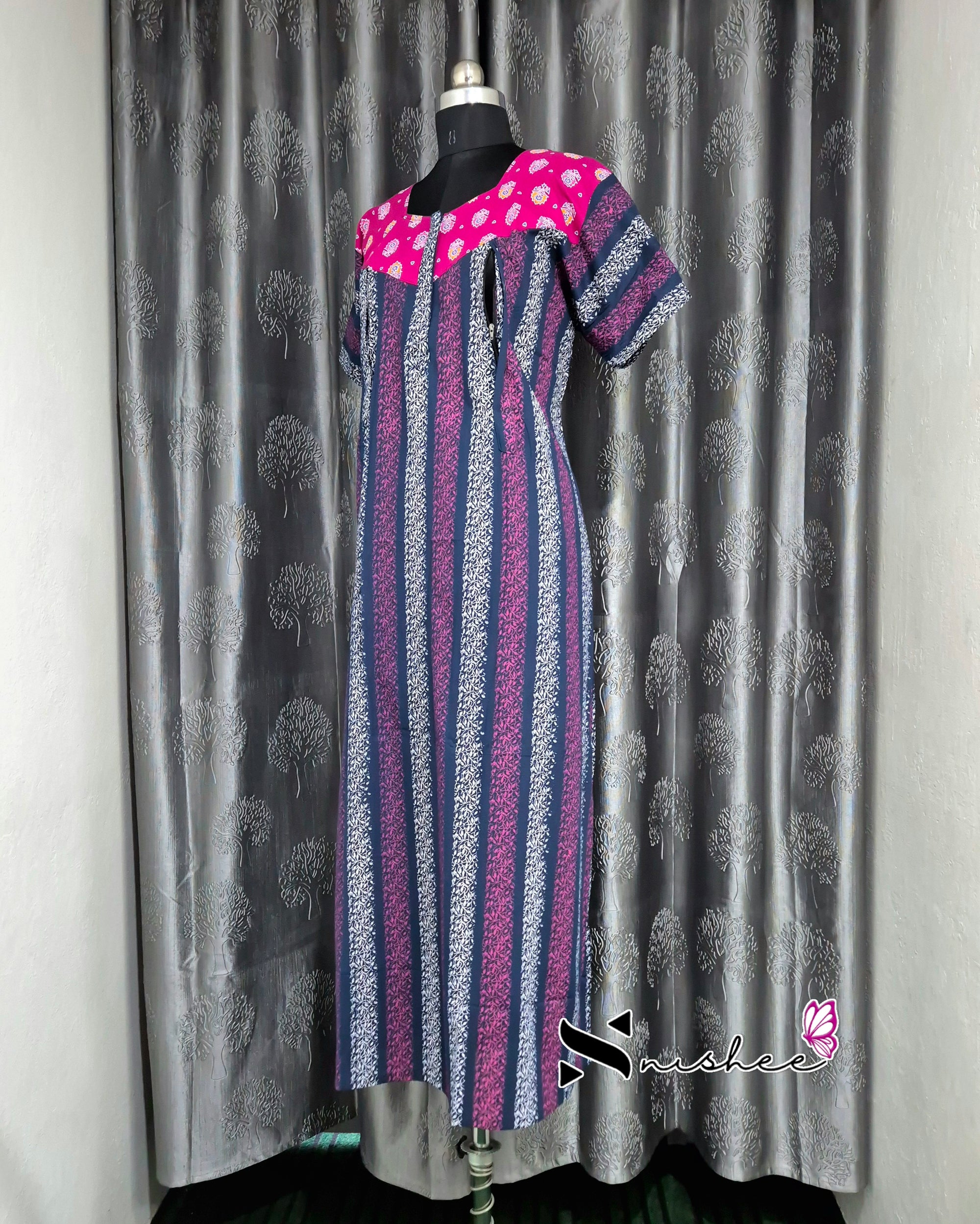 Pink/ Blue Striped Cotton Feeding Nighty