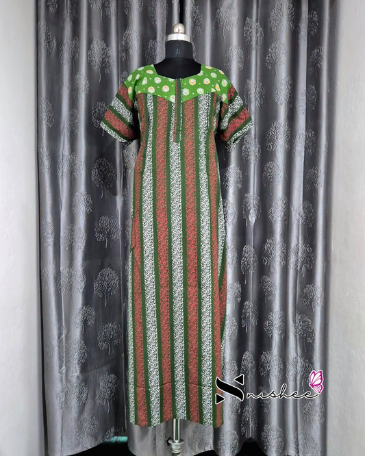 Green/ Bottle Green Striped Cotton Feeding Nighty