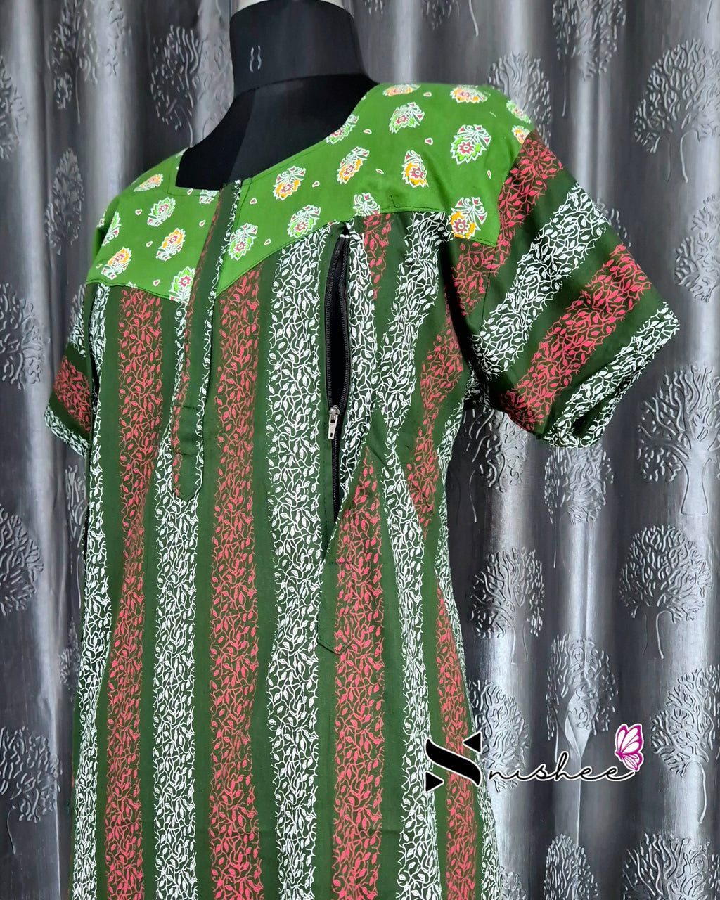 Green/ Bottle Green Striped Cotton Feeding Nighty