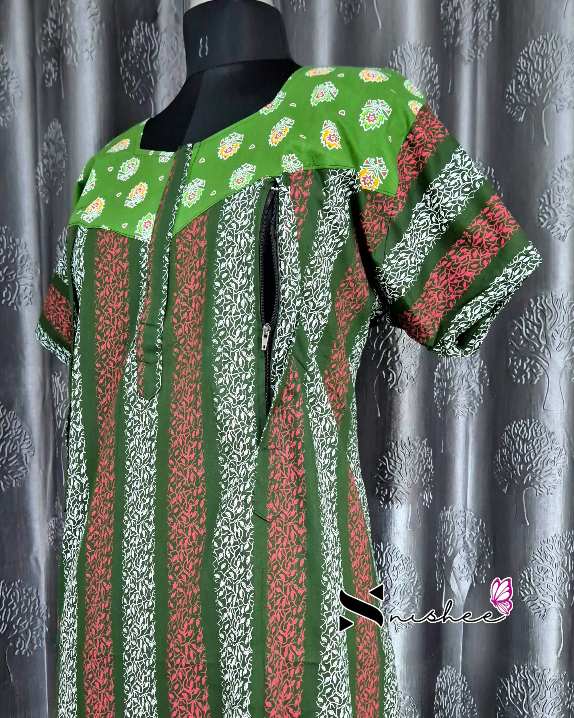 Green/ Bottle Green Striped Cotton Feeding Nighty
