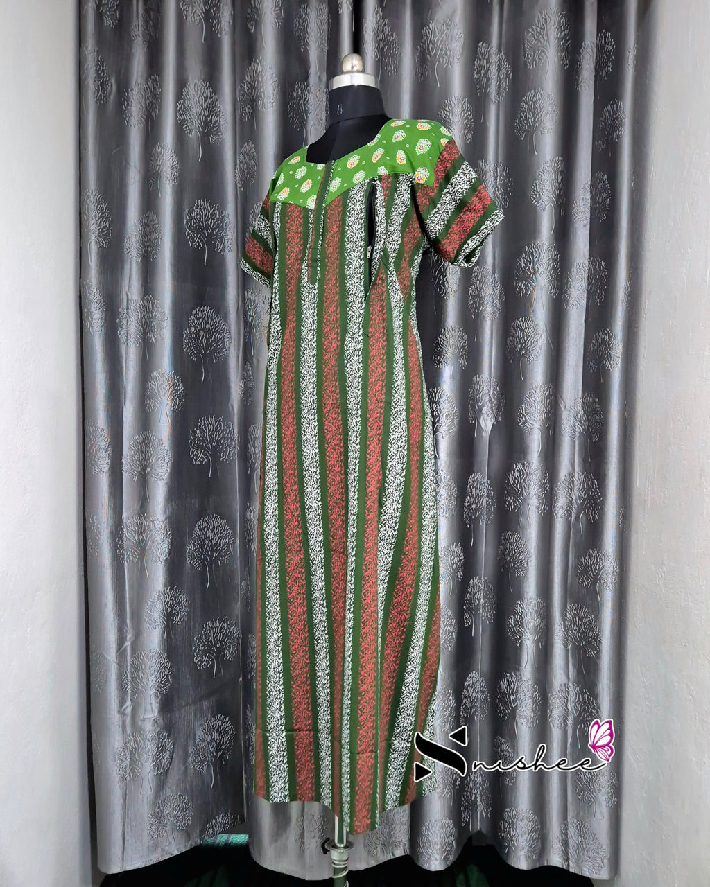 Green/ Bottle Green Striped Cotton Feeding Nighty