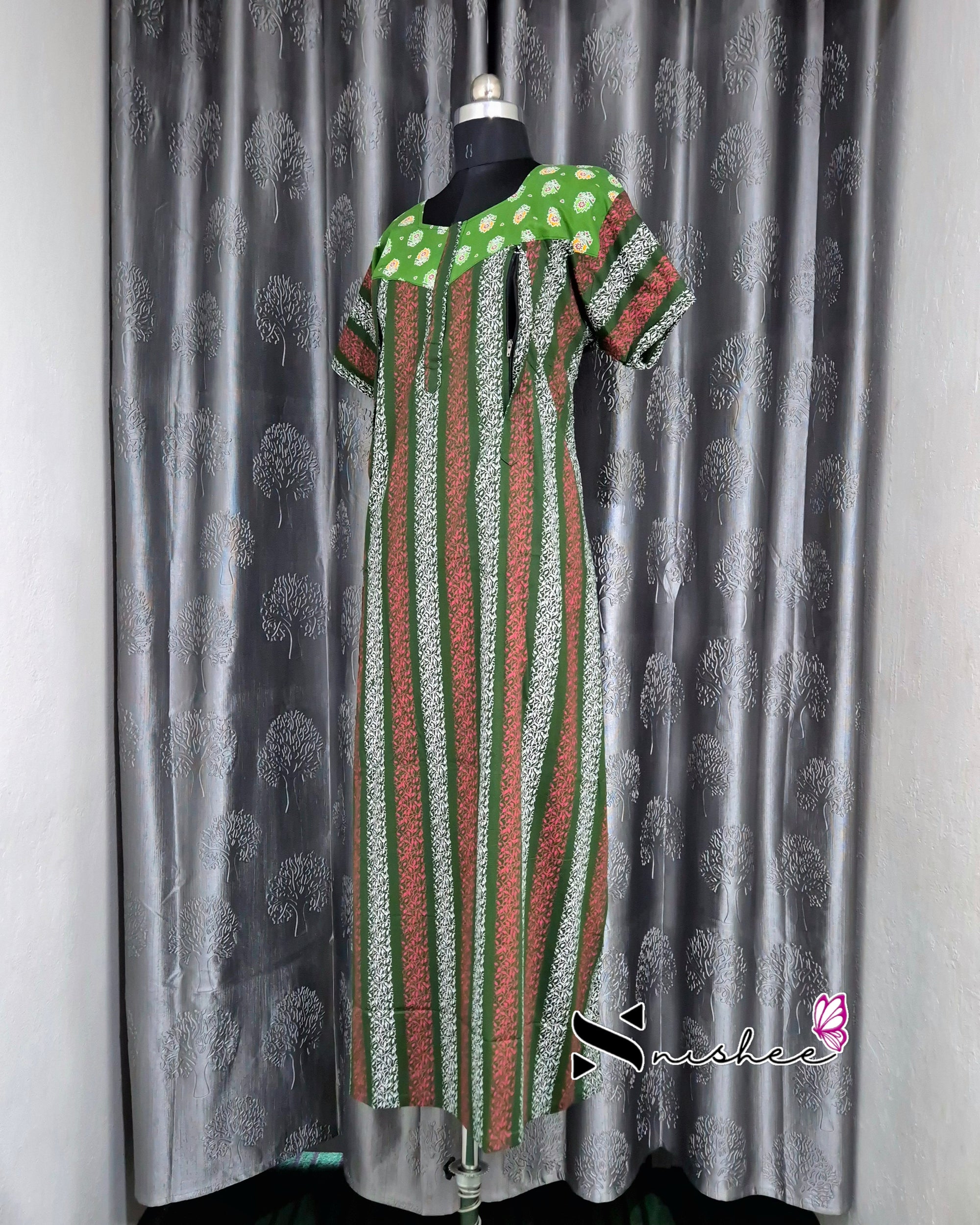 Green/ Bottle Green Striped Cotton Feeding Nighty