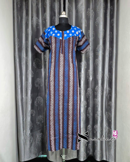 Blue/ Brown Striped Cotton Feeding Nighty