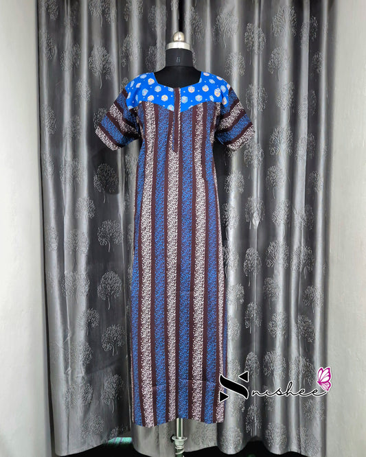 Blue/ Brown Striped Cotton Feeding Nighty