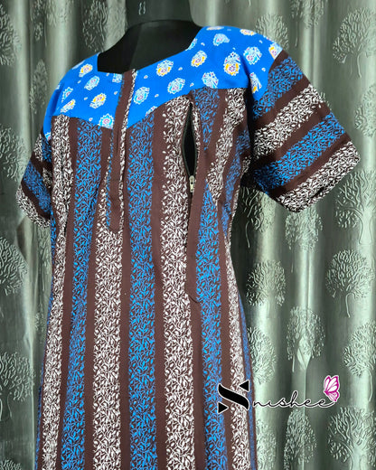 Blue/ Brown Striped Cotton Feeding Nighty