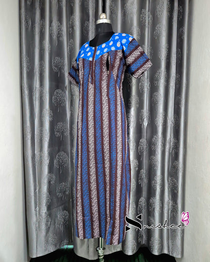 Blue/ Brown Striped Cotton Feeding Nighty
