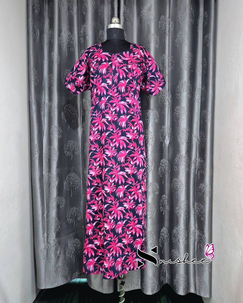 Palm Leaf Printed Blue/ Pink Cotton Feeding Nighty