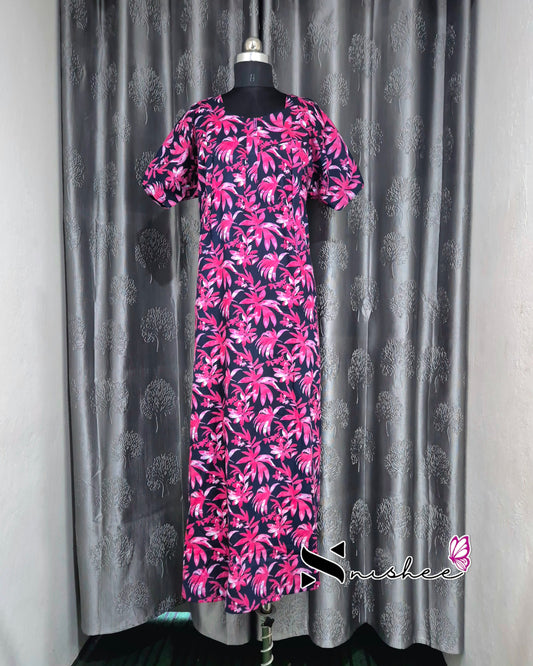 Palm Leaf Printed Blue/ Pink Cotton Feeding Nighty