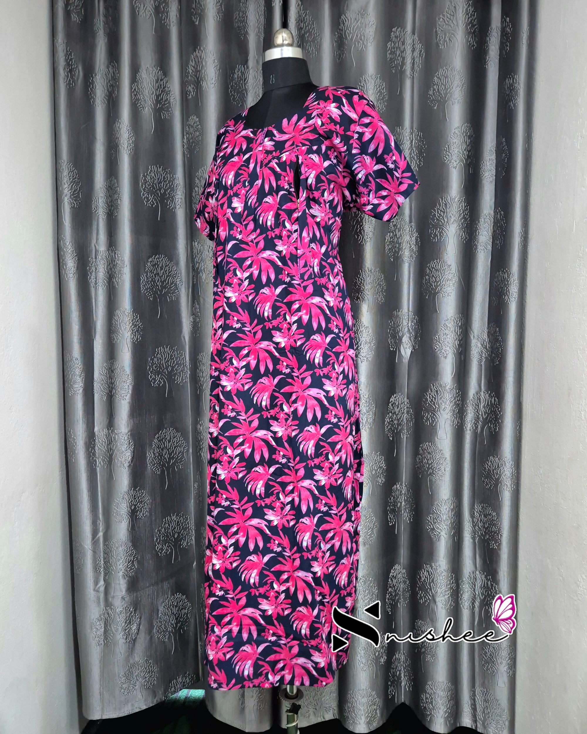 Palm Leaf Printed Blue/ Pink Cotton Feeding Nighty