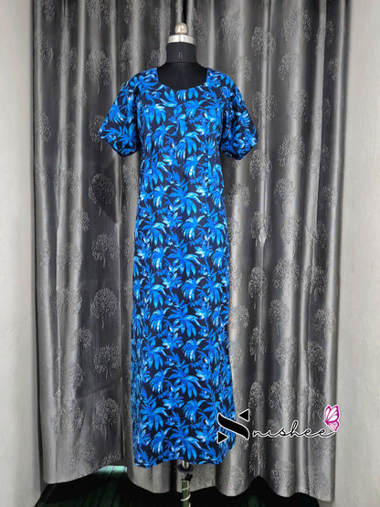 Palm Leaf Printed Blue Cotton Feeding Nighty