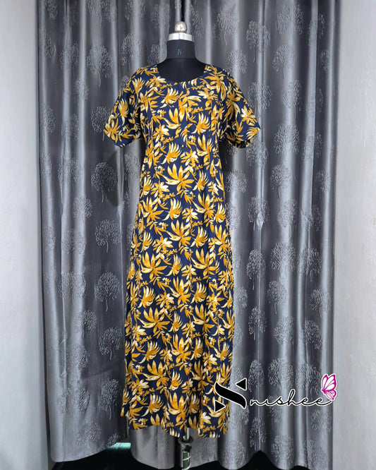 Palm Leaf Printed Blue/ Mustard Cotton Feeding Nighty