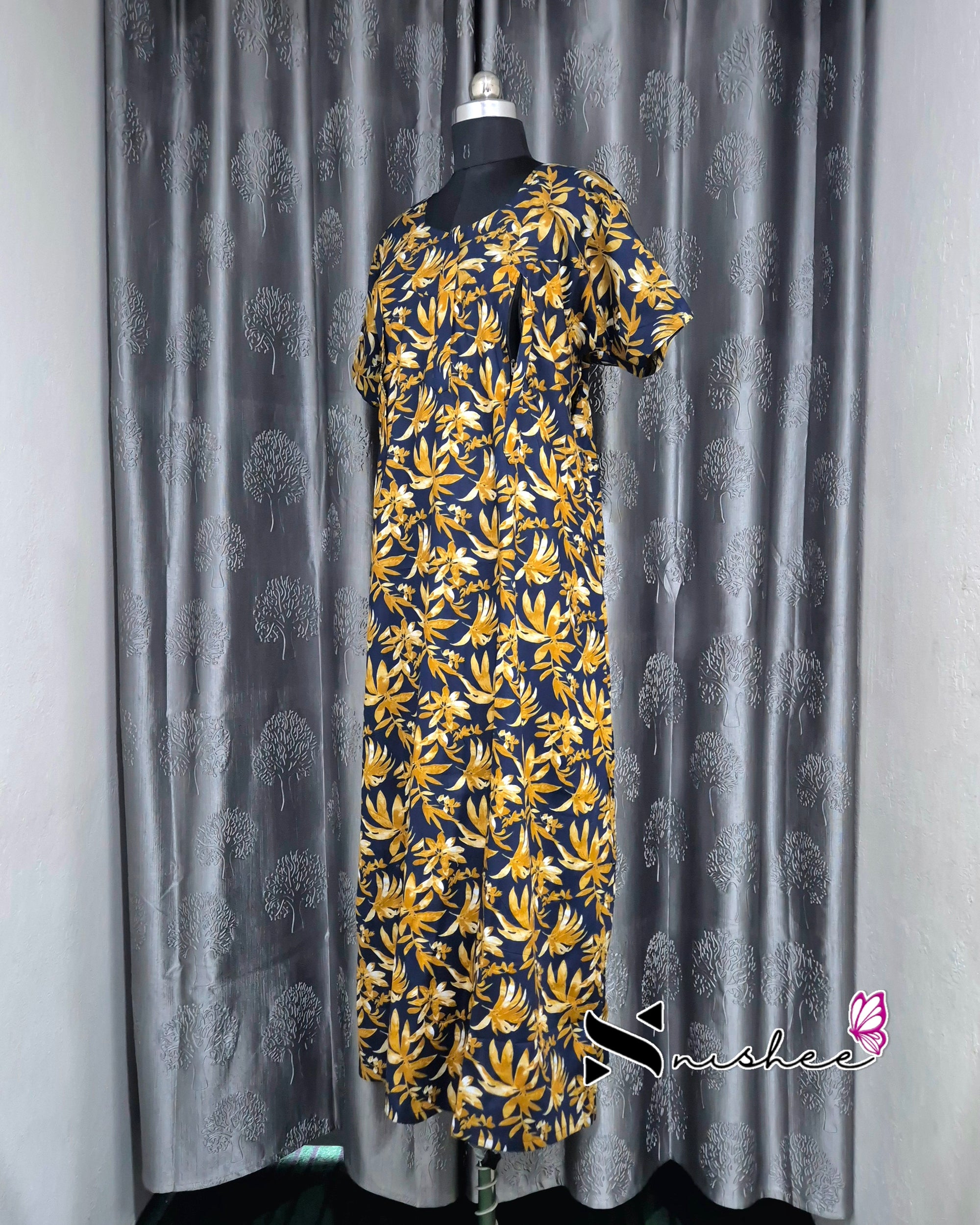 Palm Leaf Printed Blue/ Mustard Cotton Feeding Nighty