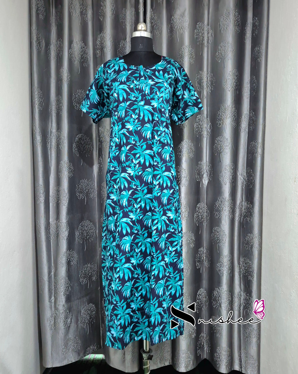 Palm Leaf Printed Blue/ Green Cotton Feeding Nighty