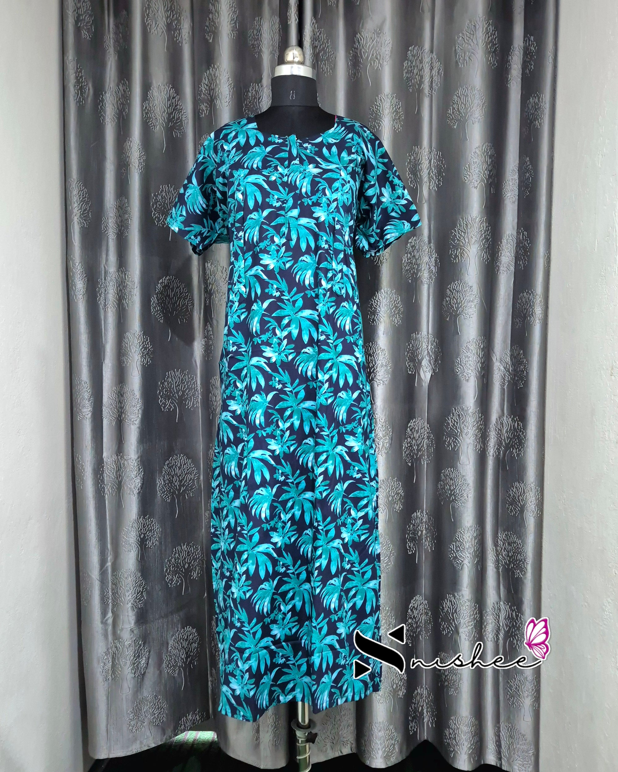 Palm Leaf Printed Blue/ Green Cotton Feeding Nighty