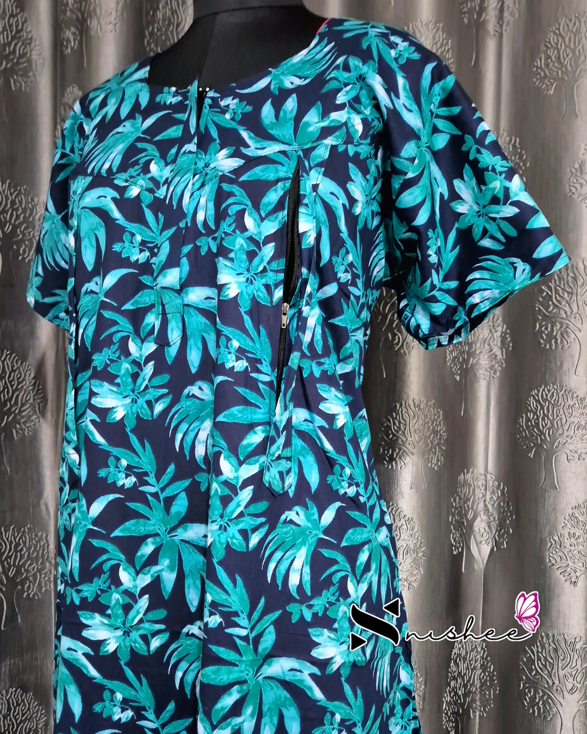 Palm Leaf Printed Blue/ Green Cotton Feeding Nighty