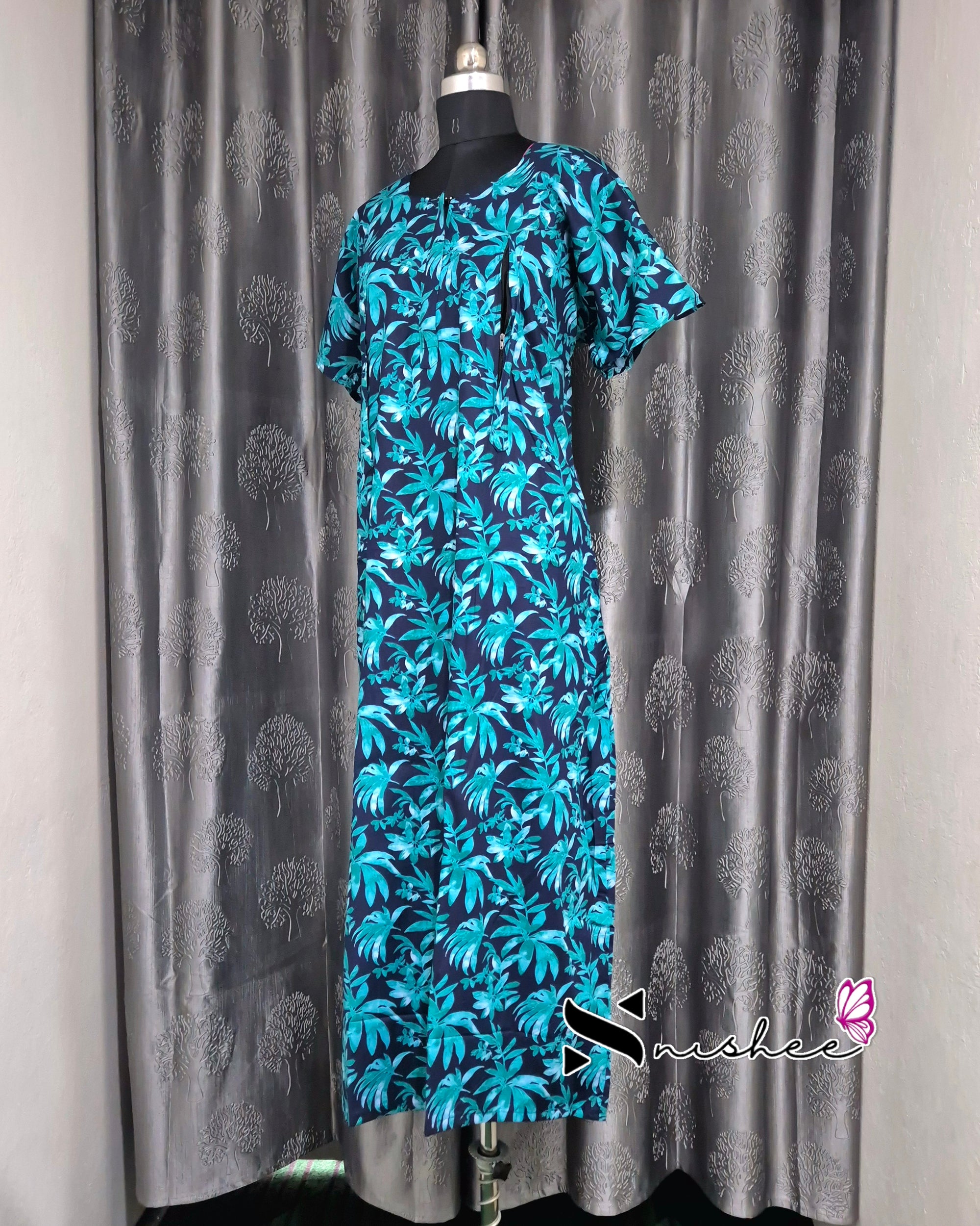 Palm Leaf Printed Blue/ Green Cotton Feeding Nighty