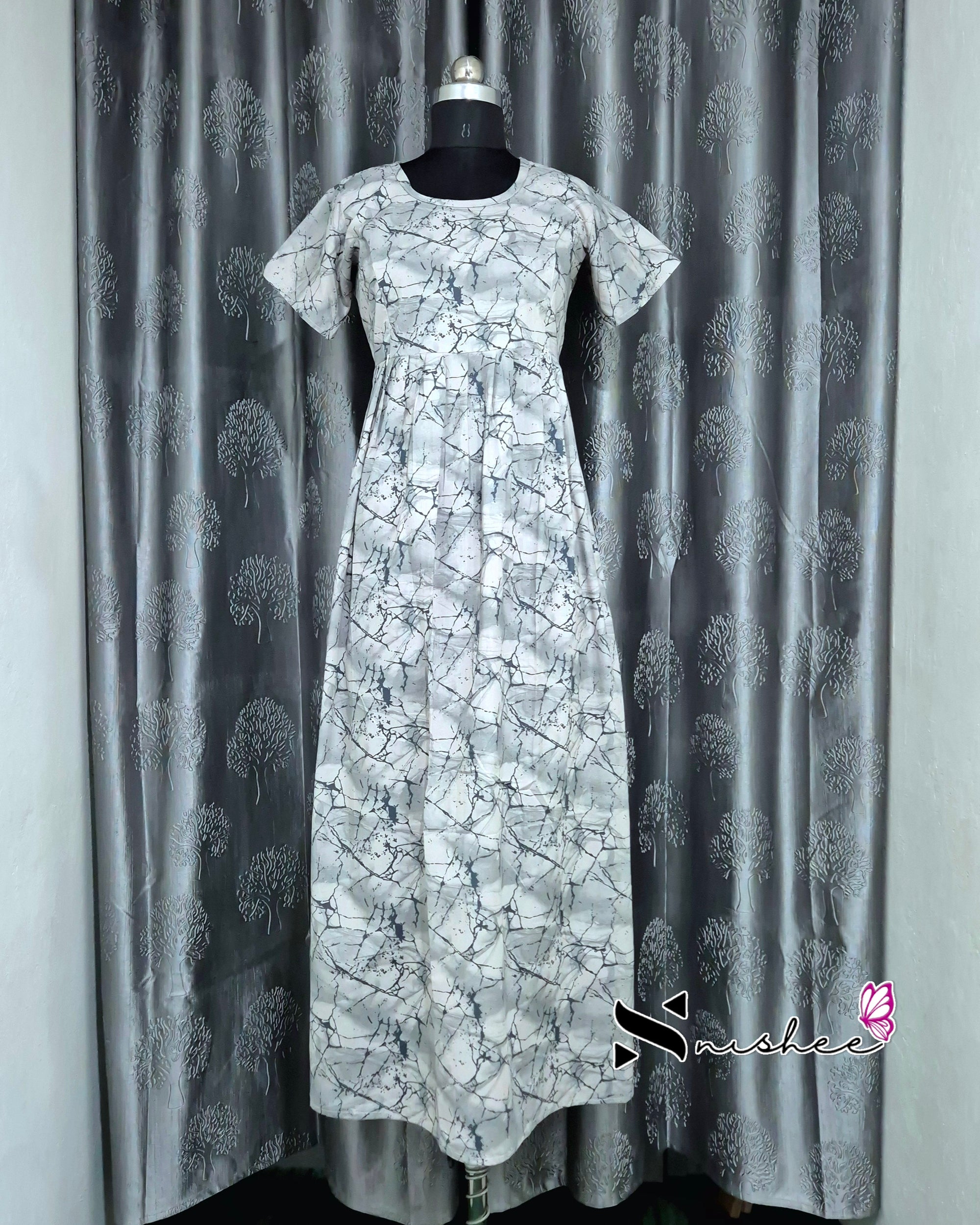 Marble Printed Grey Cotton Feeding Frock Nighty
